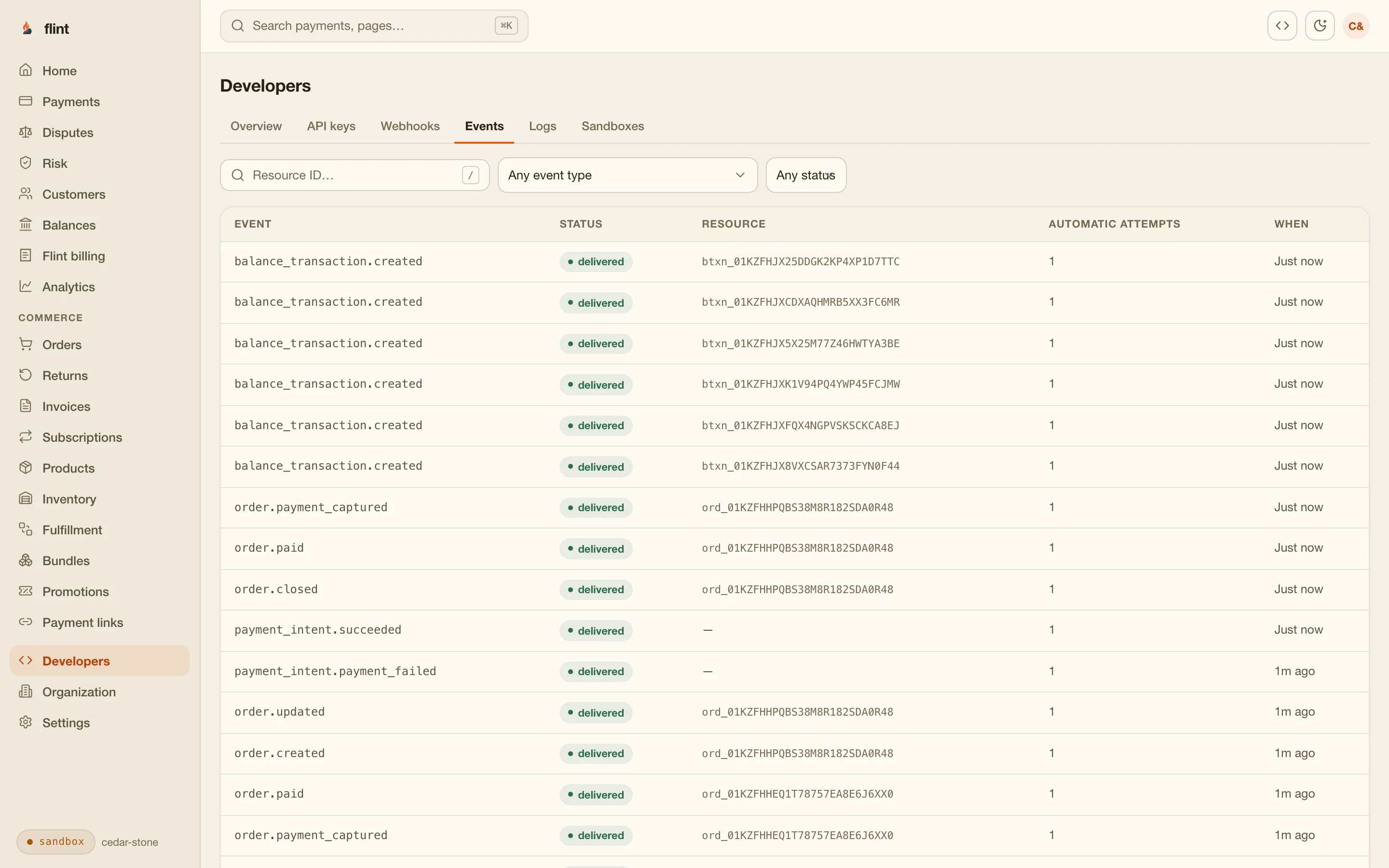 Flint developer console: API keys, webhook endpoints, event stream and request logs inside the merchant dashboard