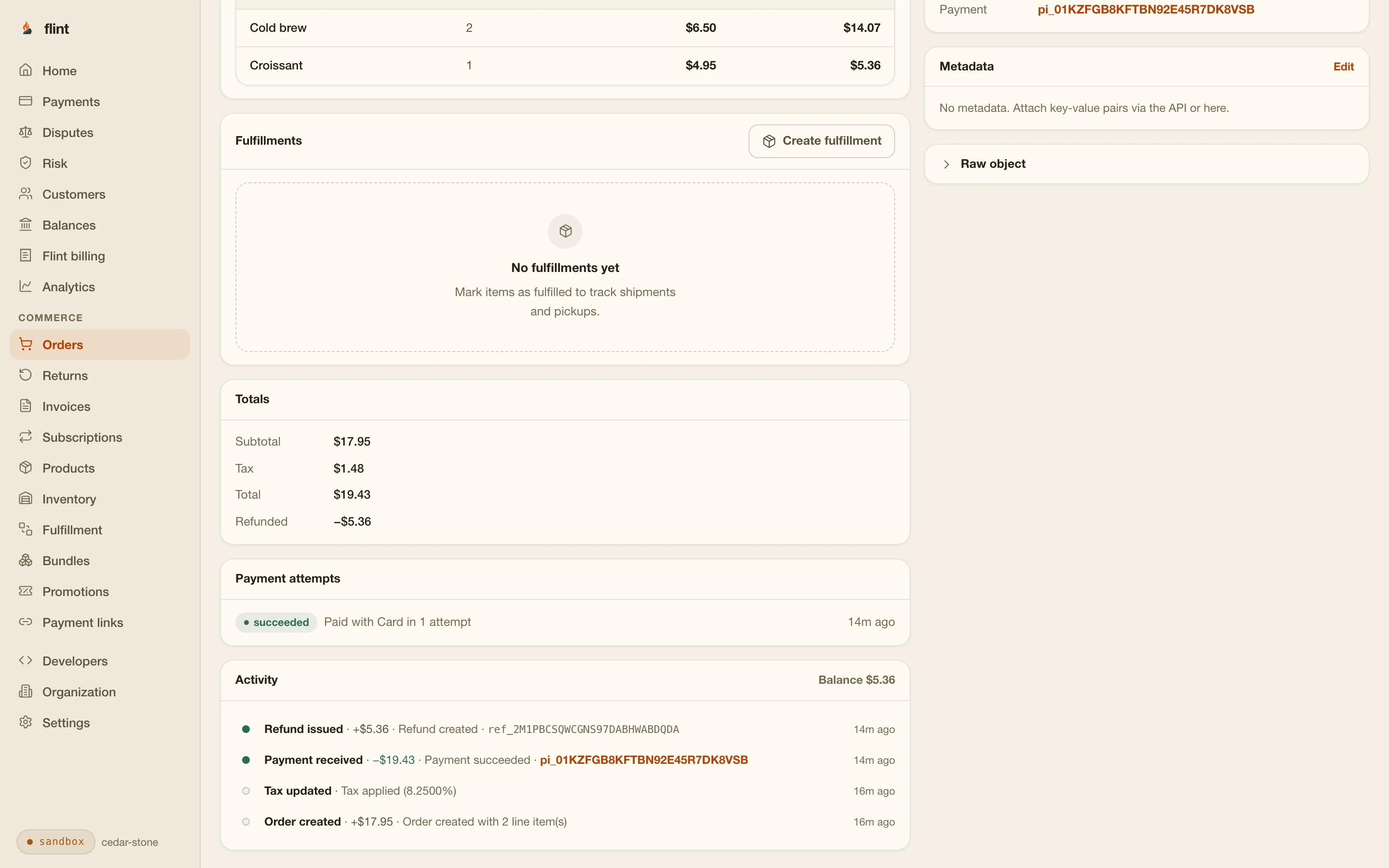 Flint dashboard order detail: line items, totals with a line-item refund, the payment attempt and an activity timeline on one $19.43 order record