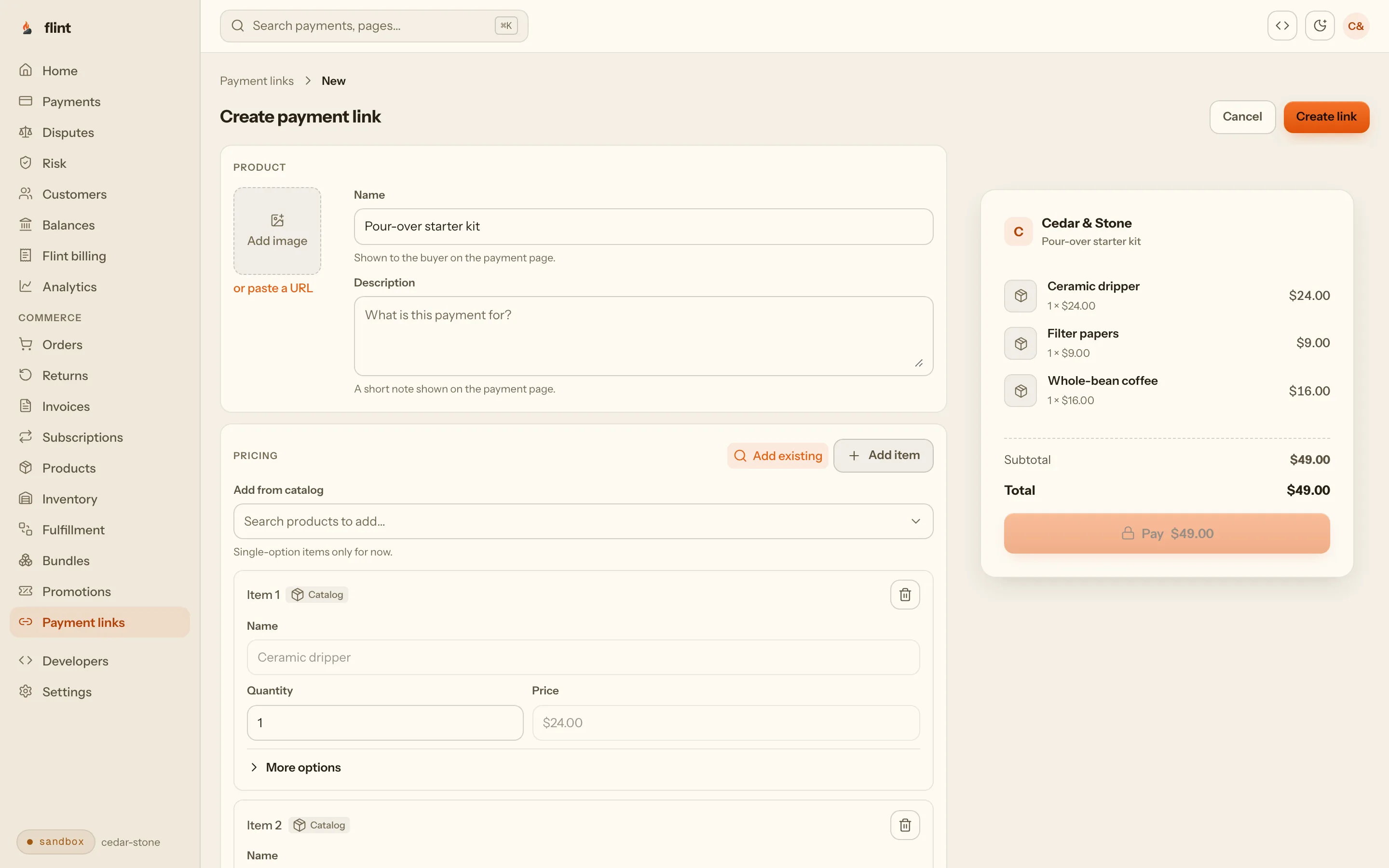 Flint dashboard payment link builder with a live preview of the link the buyer opens